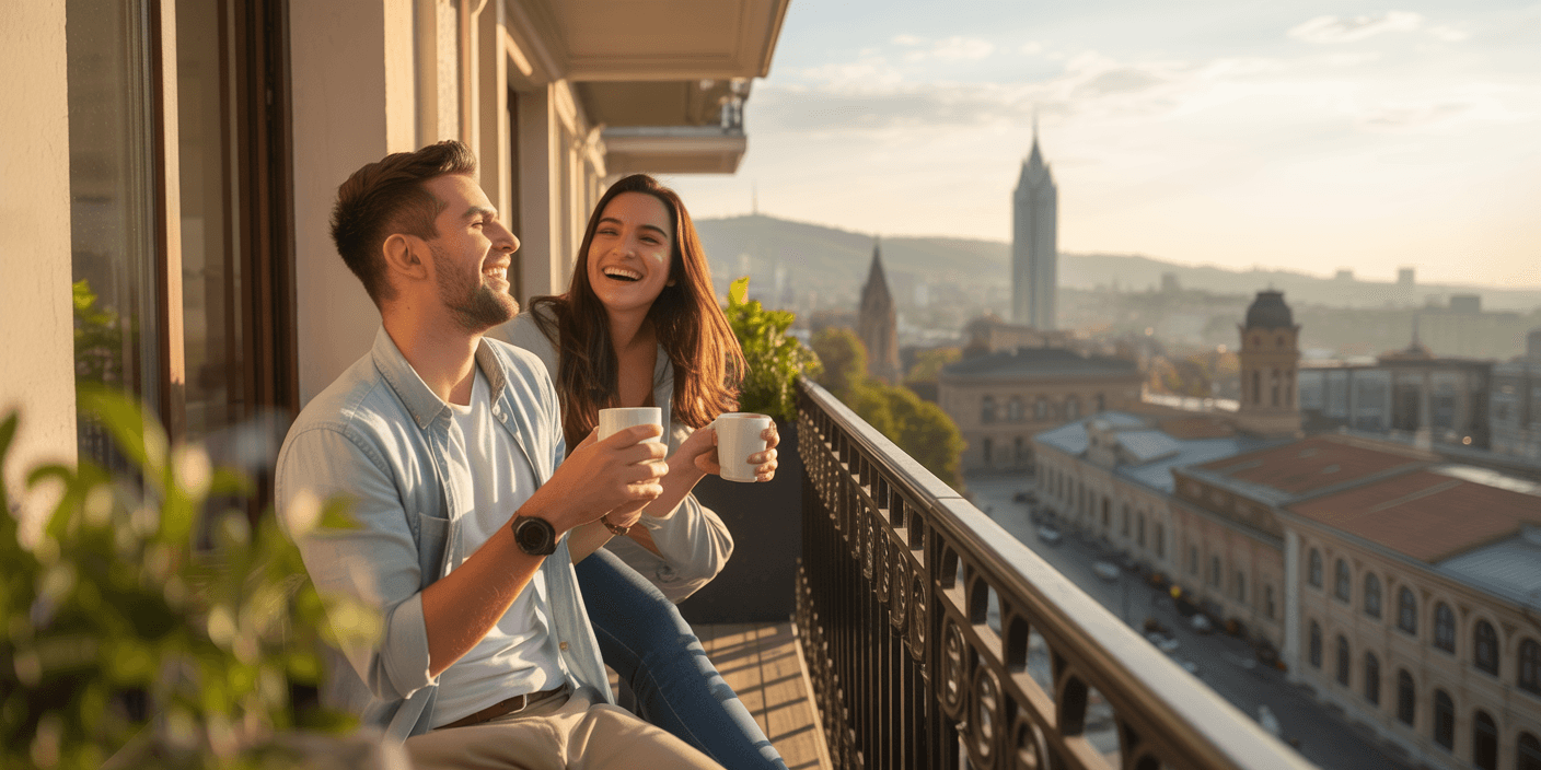 Couple on a balcony overlooking Tbilisi